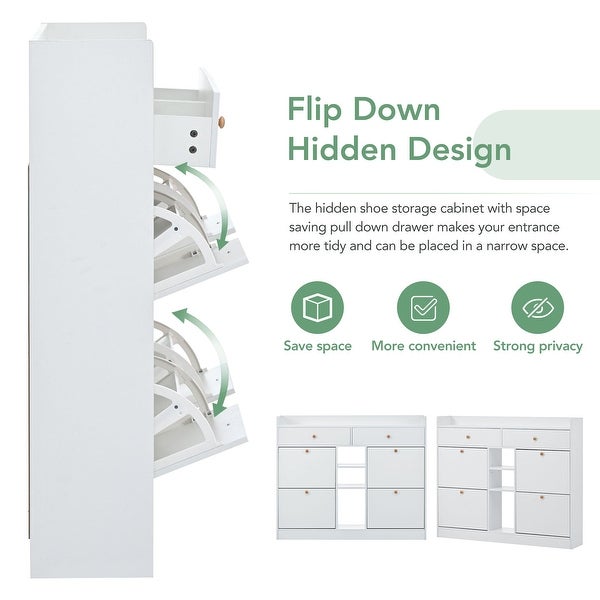 Modern Shoe Cabinet with 4 Flip Drawers， Multifunctional 2-Tier Free Standing Shoe Rack with 2 Drawers， for Entrance Hallway - - 37534625