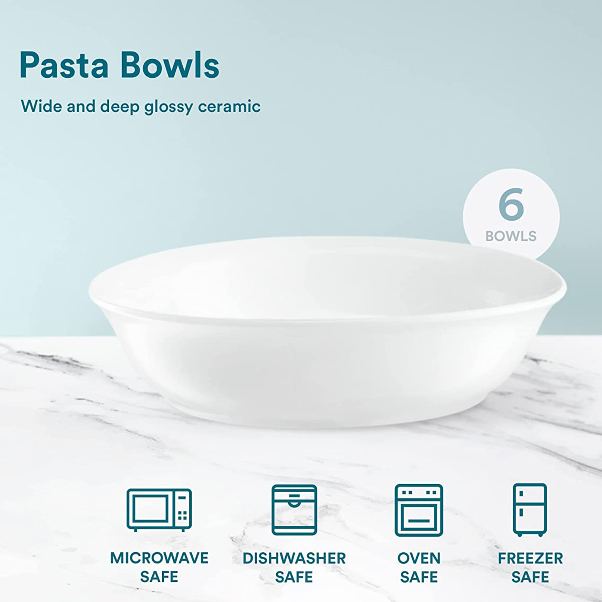 Kook 6-Pc Porcelain Ceramic Pasta Bowl Set 39 Oz Stoneware Serving Bowls for Kitchen