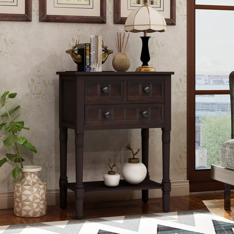 Narrow Console Table， Slim Sofa Table with 3 Drawers and Bottom Shelf