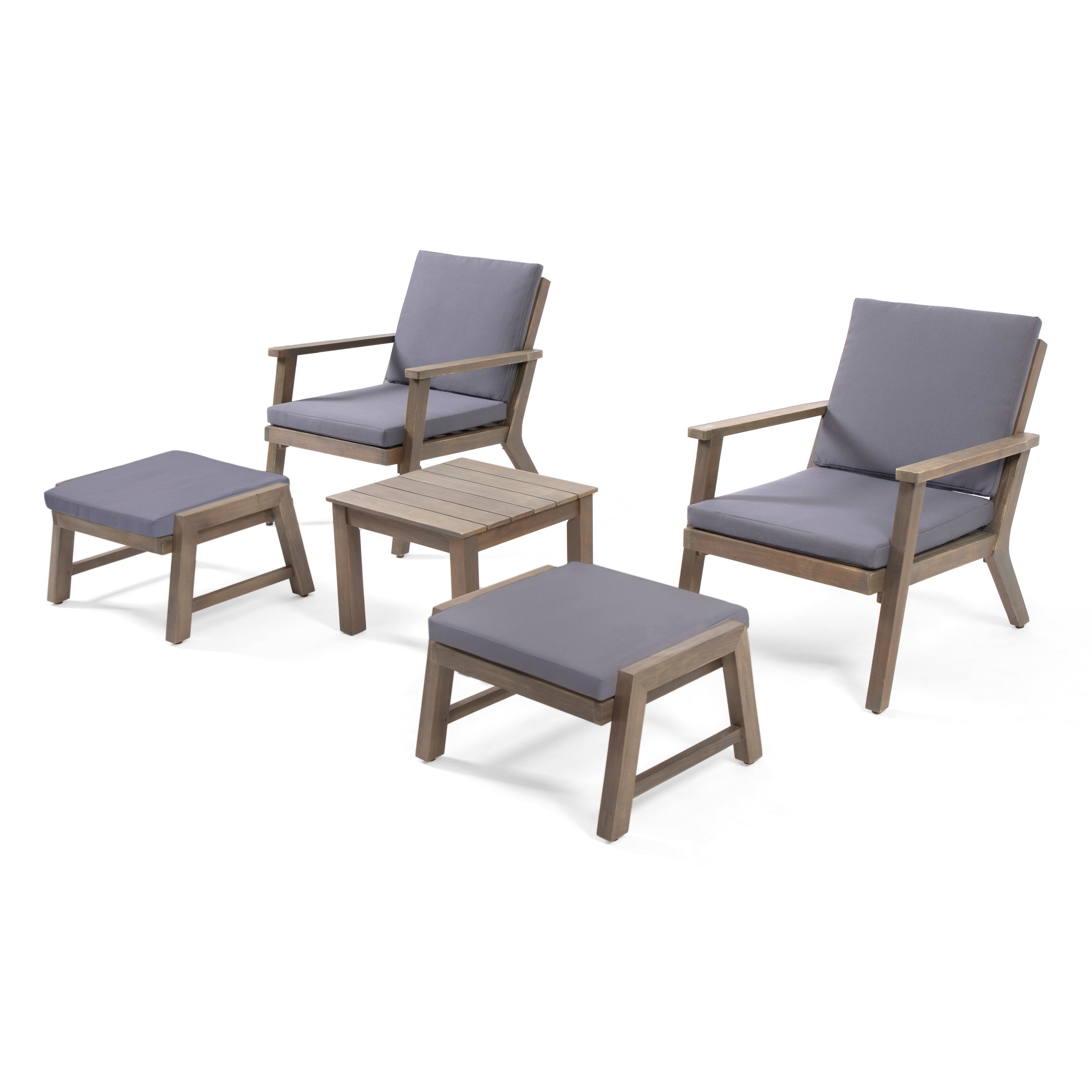 Avacyn Outdoor Mid-Century Modern Acacia Wood 2 Seater Chat Set with Ottomans