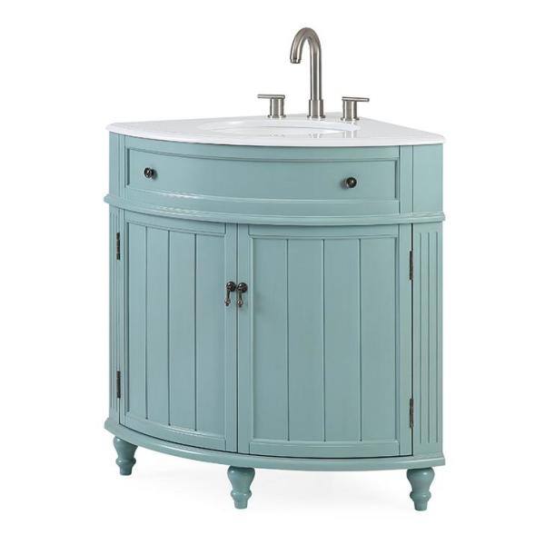 Benton Collection Thomasville 24 in. W x 24 in D. x 34.5 in. H Corner Bath Vanity in light blue with White Marble Top and porcelain Sink ZK-47544BU