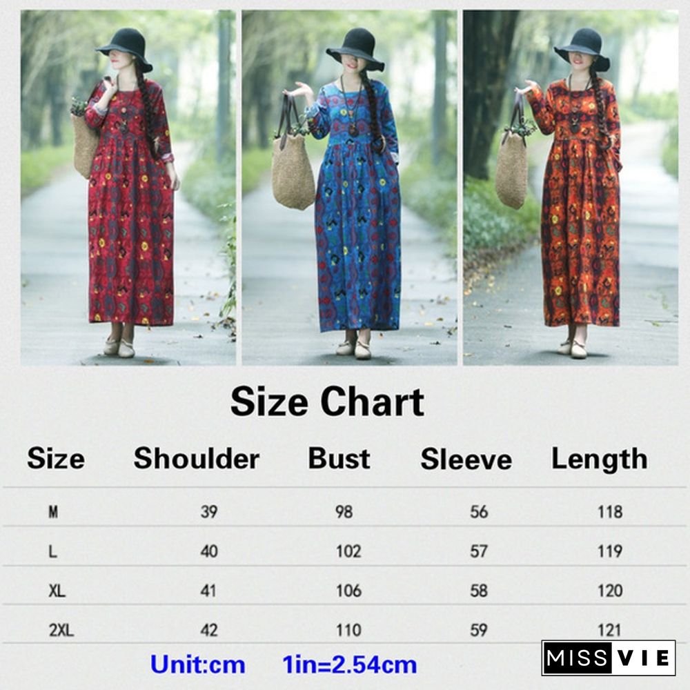 New Arrival Women's Fashion Clothing Spring and Autumn Folk Style Linen Defined Waist Loose Full Dress Printed Long Sleeve Dress