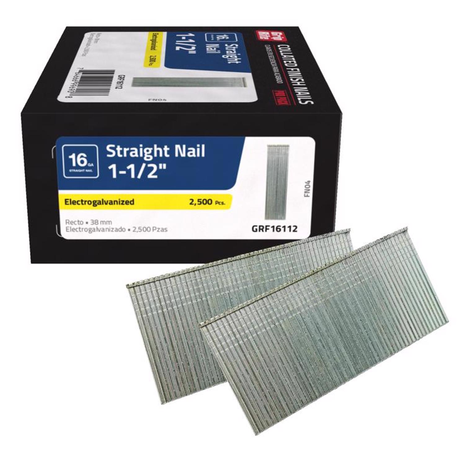 Grip-Rite 1-1/2 in. 16 Ga. Straight Strip Electro Galvanized Finish Nails 2500 pk