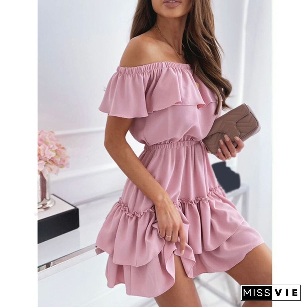 Slash Neck Elegant Dresses for Women Ruffles Decor Patchwok Summer Party Dress Vestidos Ladies Dresses