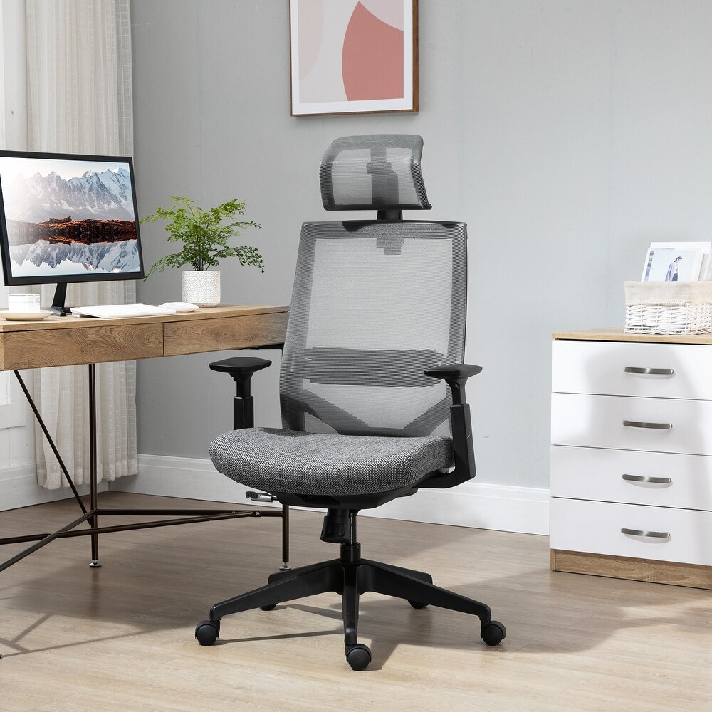 Vinsetto High Back Ergonomic Mesh Desk Office Chair with Rotate Headrest  Adjustable Height  Arm  Lumbar Back Support  Grey