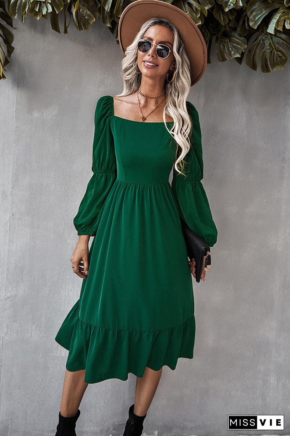 Solid Color A-line Casual Vacation Long Sleeve Dress