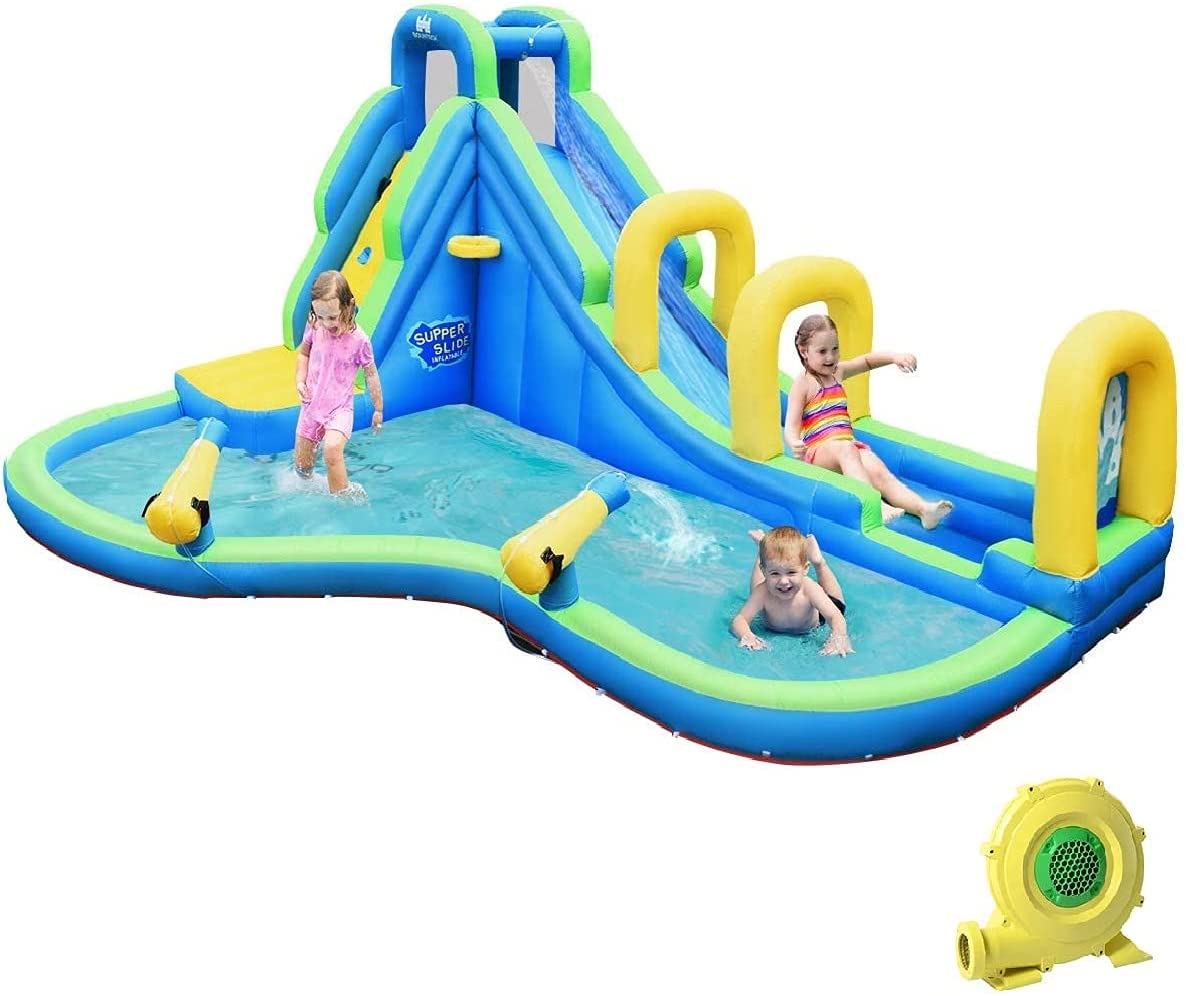 BOUNTECH Long Slide Bouncer Park w/Climbing Wall & Splashing Pool