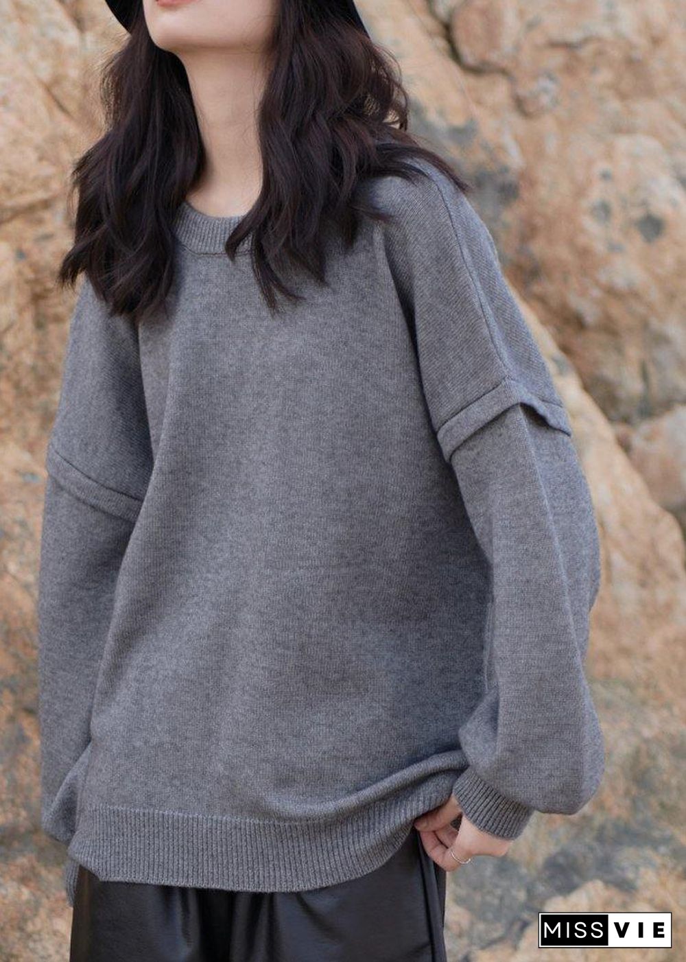 Vintage gray sweaters oversized o neck Cinched Sweater Blouse