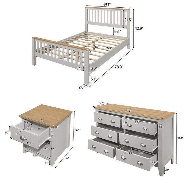 3 Pieces Country Gray with Oak Top Bedroom Sets， Full Bed， Nightstand and Dresser， Full Side - - 36908525