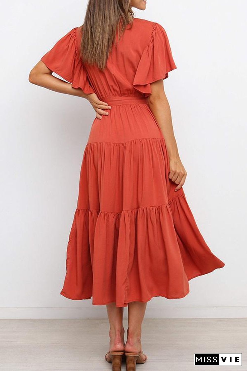 Ruffled Sleeve V-neck Tie Waist Maxi Dress P14492