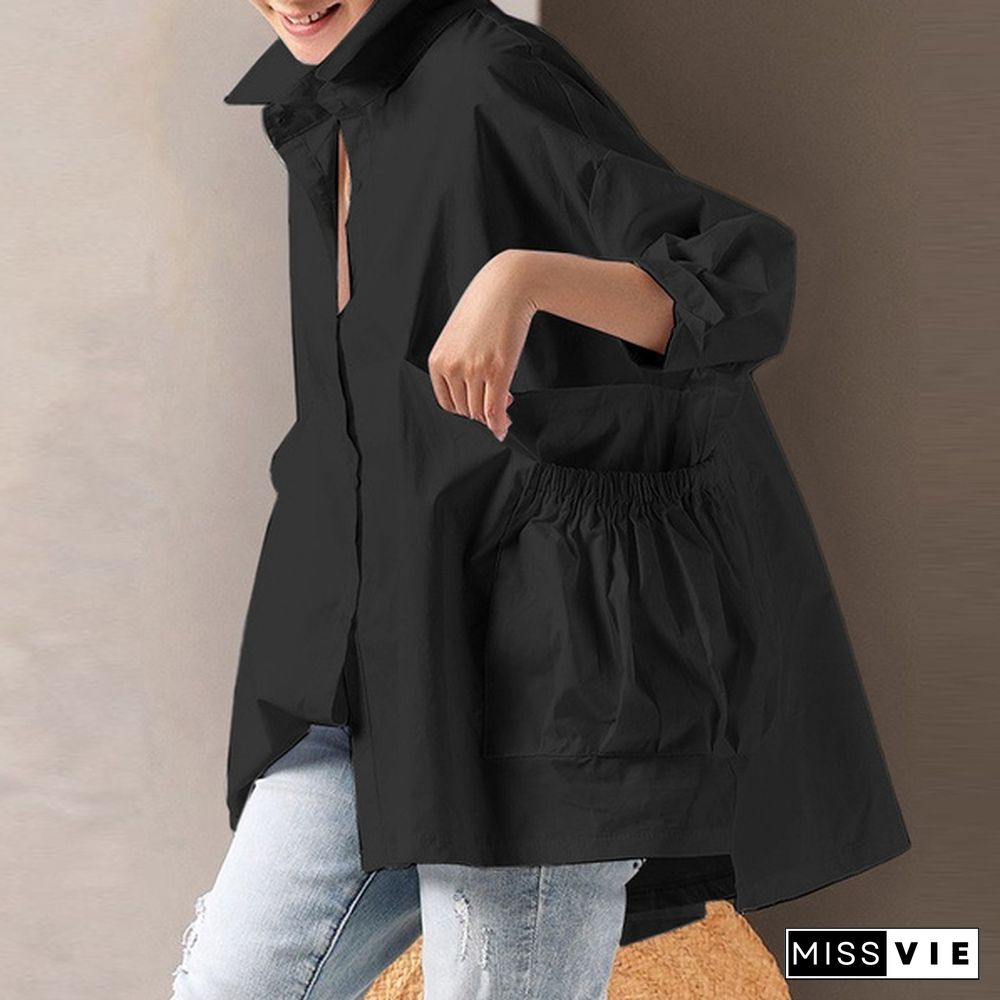 Plus Size Women Casual Baggy Long Sleeved Irregular Hem Tops Lapel Button Up Blouse Shirts With Pockets Blusas Femininas