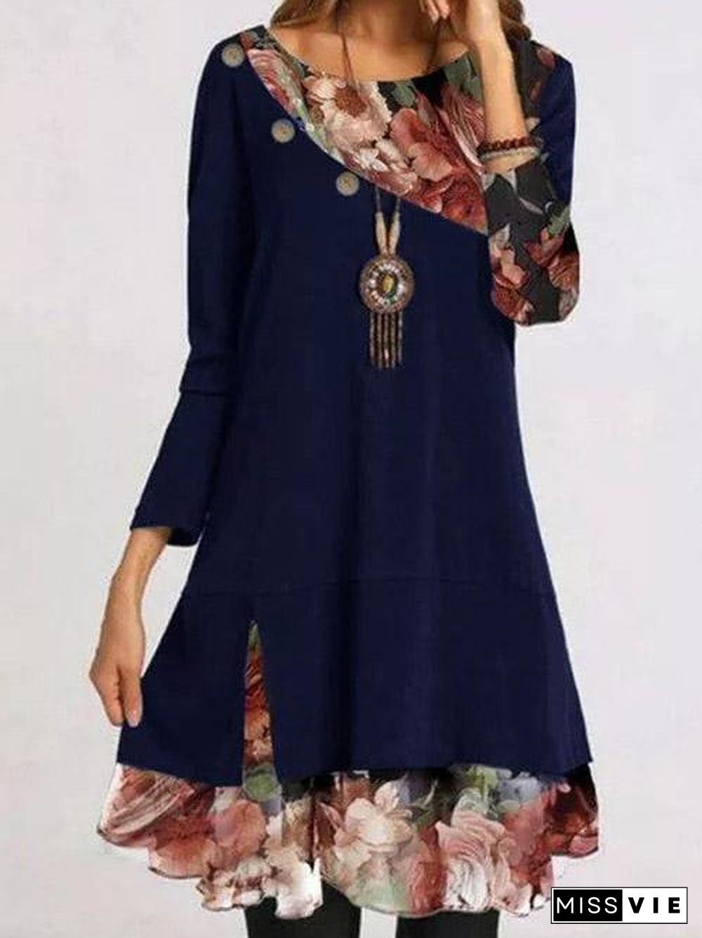 Women Long Sleeve Round Neck Floral Printed Mini Dress