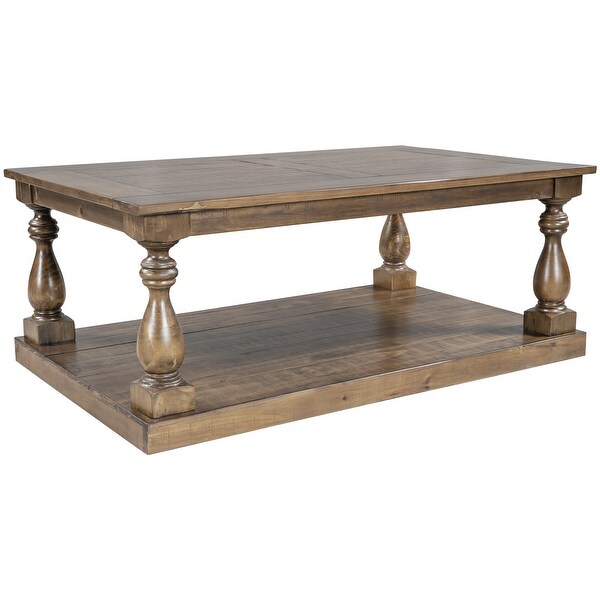 Rustic Solid Pine Wood Floor Shelf Coffee Table with Storage