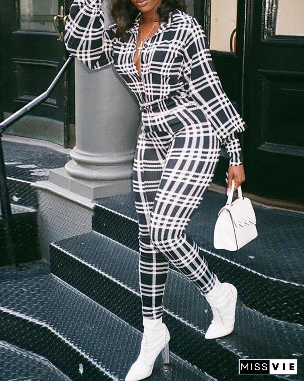 Puffed Sleeve Plaid Print Jumpsuit P14311