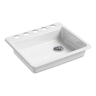 KOHLER Riverby Undermount Cast Iron 25 in. 5-Hole Single Basin Kitchen Sink in White K-5479-5U-0