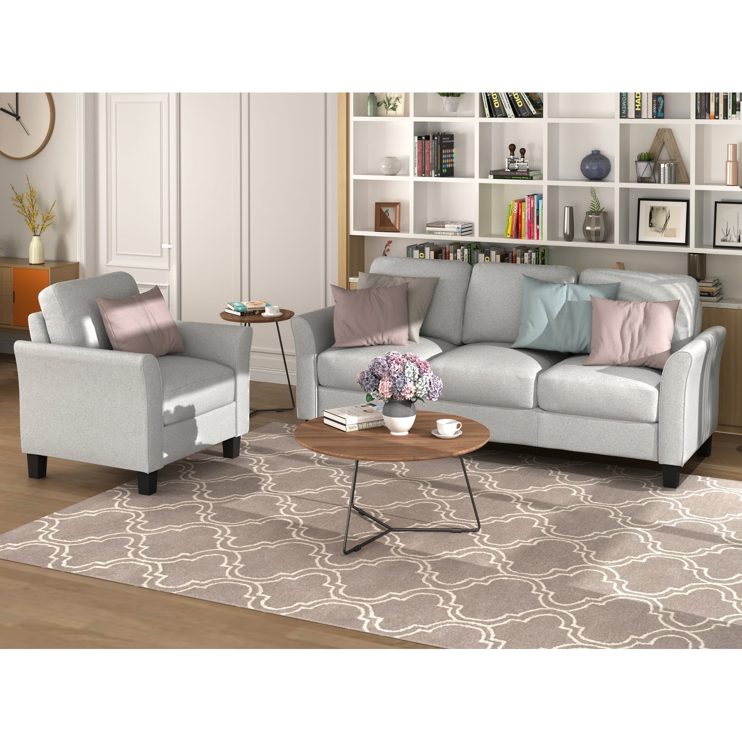 2-piece Sets Living Room Furniture with Fabric Upholstered Single Chair and 3-seat Sofa Sets， Track Arms and Wood Frame Couches