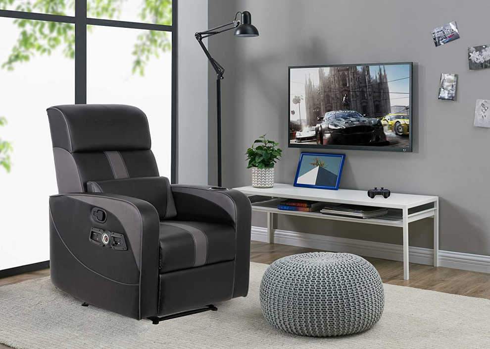 Unique Recliner  Padded Faux Leather Seat With Headrest Mounted Speaker  Black   Contemporary   Recliner Chairs   by Declusia  Houzz