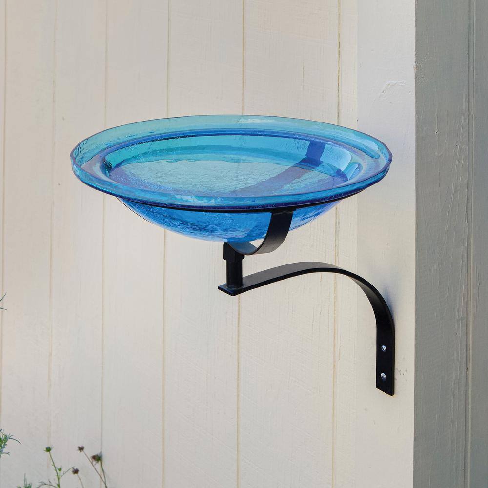 ACHLA DESIGNS 12.5 in. Dia Teal Blue Reflective Crackle Glass Birdbath Bowl with Wall Mount Bracket CGB-07T-WM