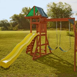 Swing-N-Slide Playsets Scrambler Deluxe Complete Wooden Outdoor Playset with Slide Rock Wall Swings and Backyard Swing Set Accessory PB 8000