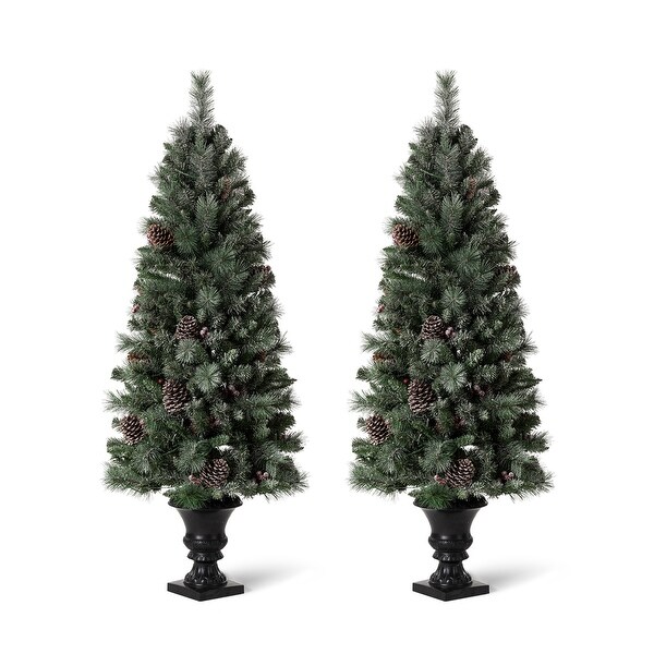 Glitzhome 4ft/5ft/6ft Flocked Pine Christmas Potted Porch Tree With Warm White Lights