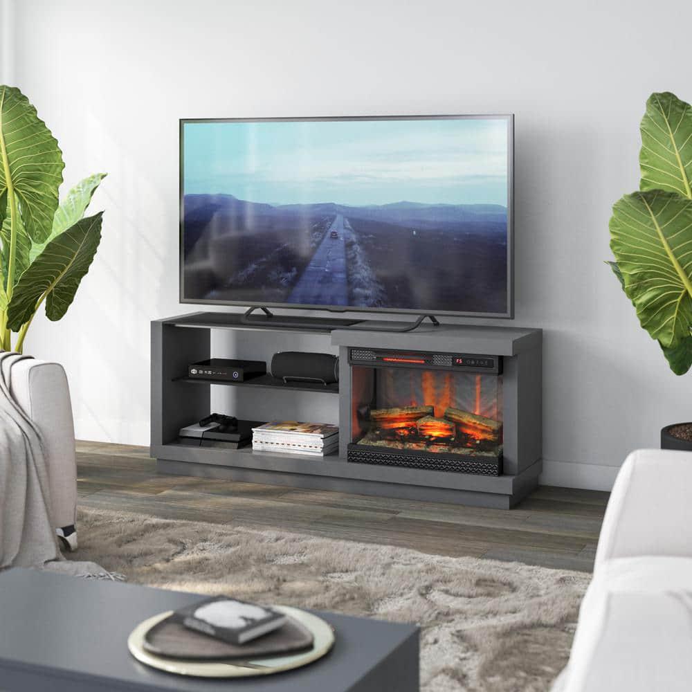 Twin Star Home 595 in Freestanding Wooden Electric Fireplace TV Stand in Antique Gray