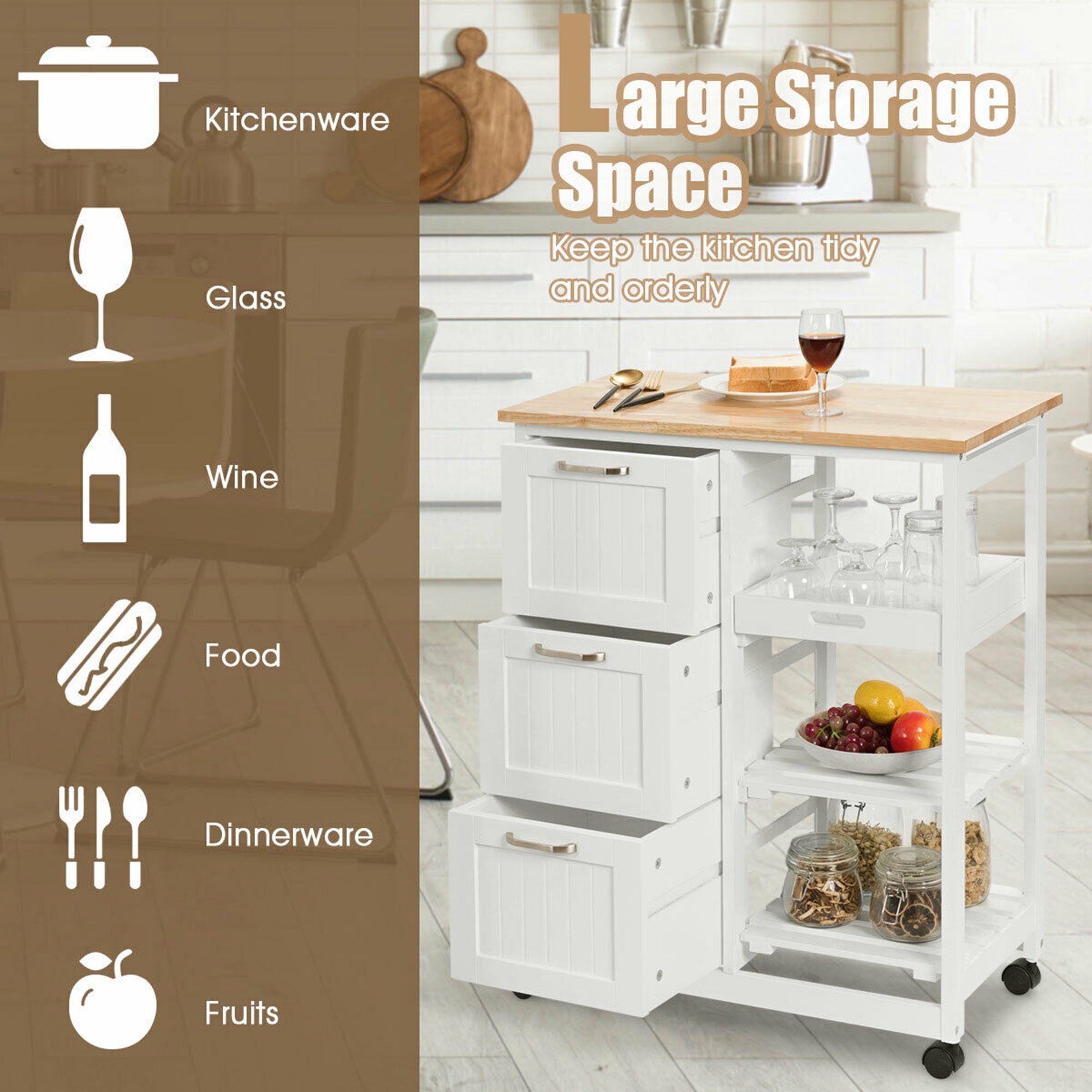 Gymax Rolling Kitchen Island Utility Storage Cart w/ 3 Storage Drawers and Shelves White