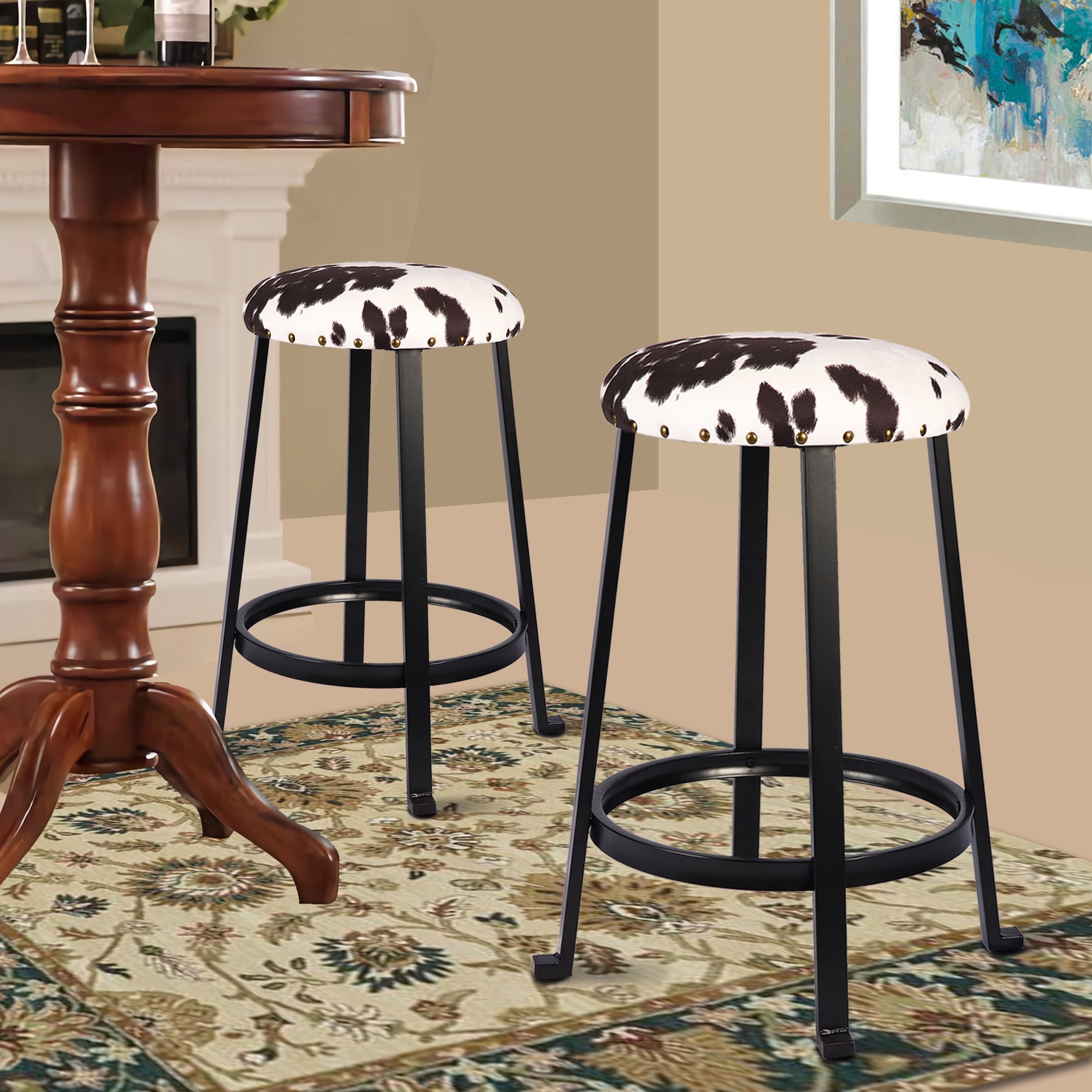 24 inch Backless Metal Bar Stool，Cow print Stool for Kicthen Bar-2 Pack