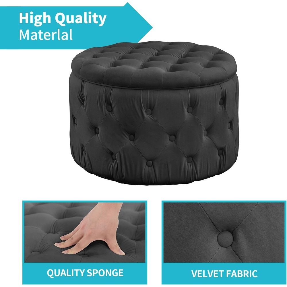 Mixoy Large Round Velvet Storage Ottoman  Button Tufted Footrest Stool