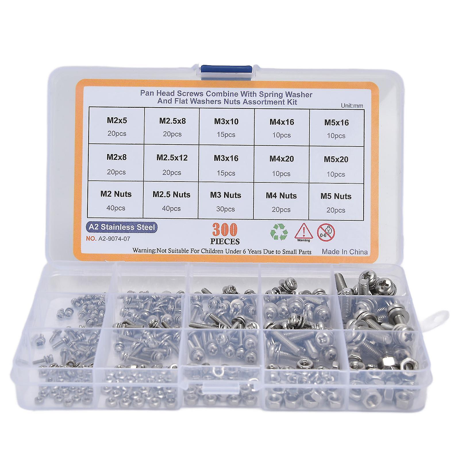 300Pcs Screws Washer Nuts Kit 304 Stainless Steel Cross Pan Head Screw for Professionals