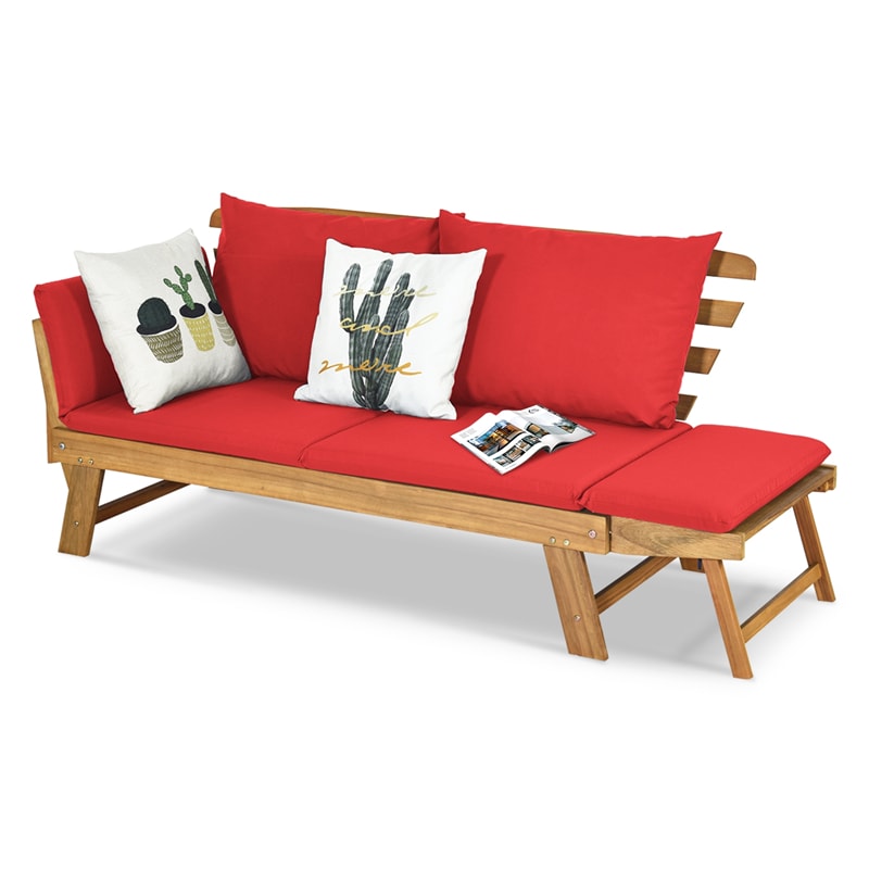 Outdoor Daybed Acacia Wood Convertible Couch Sofa Bed with Adjustable Armrest & Cushion