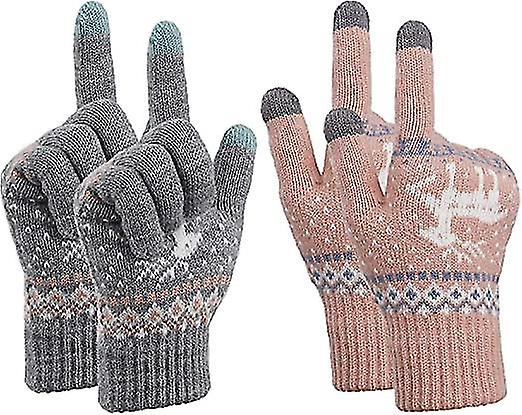 Womens Touch Screen Gloves Stretch Knitted Warm Mitten Winter Thermal Ladies Gloves Smartphones Texting Gloves One Size (pink And Grey)2pcs