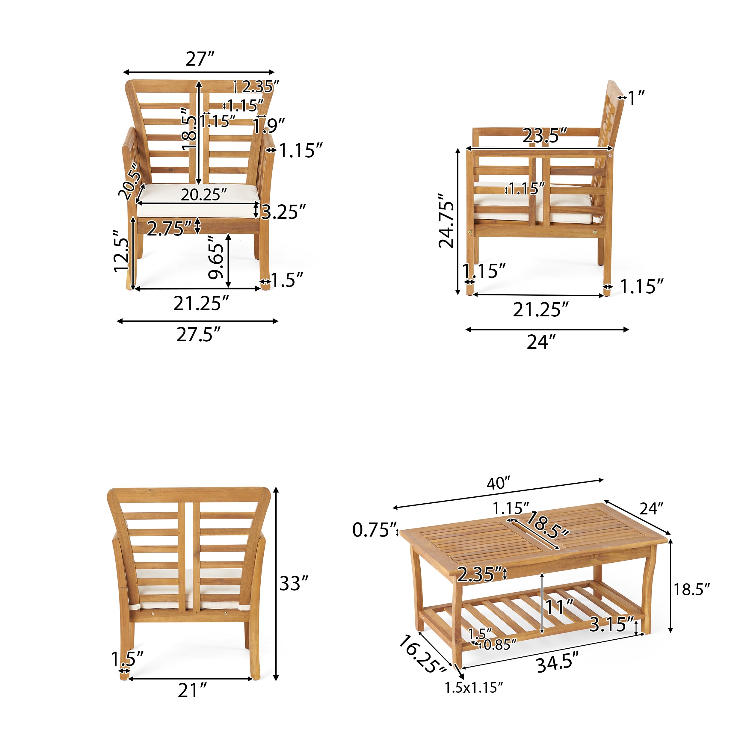 Louis Outdoor Modern Acacia Wood 8 Seater Chat Set with Cushions