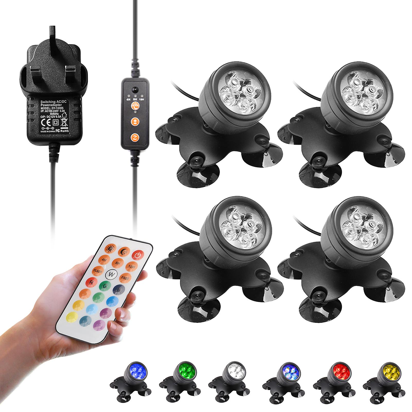 4pcs 4 Leds Rgb Underwater Diving Lamp Light Kit Set With Remote Controller Line Control Rotatable Illumination Angle Ip65 Water Resistance Dimmable B