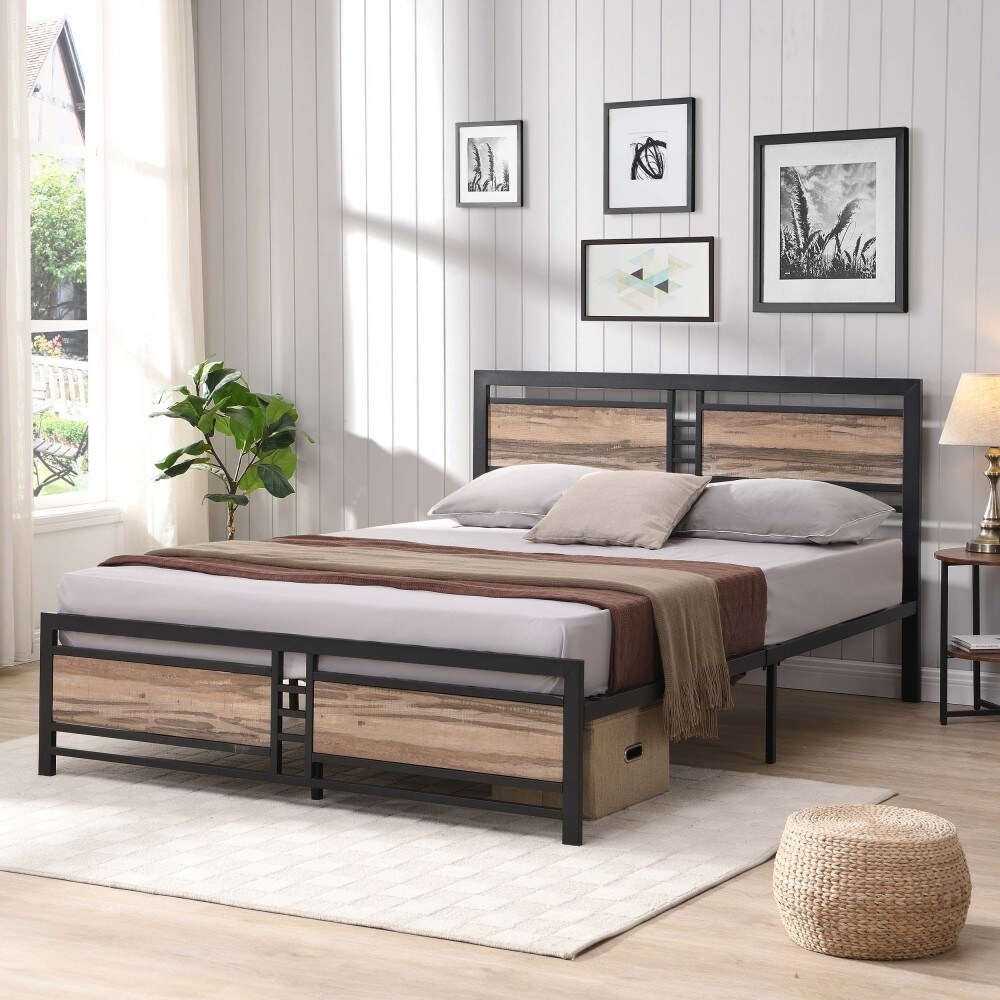 Metal Platform Bed Frame with Wood Headboard and Footboard