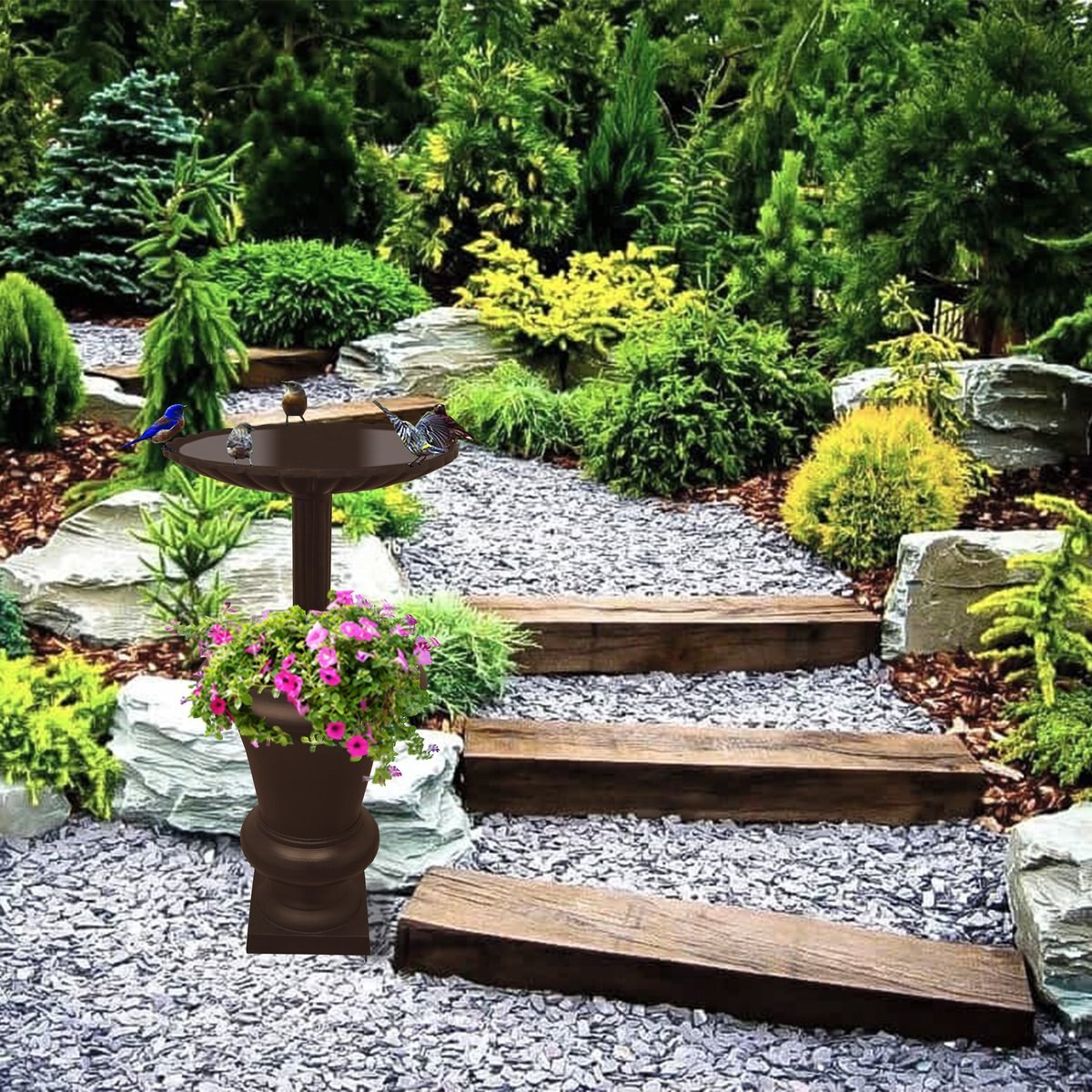 Oakland Living Ornate Round Cast Bird Bath and Planter Vase Combo