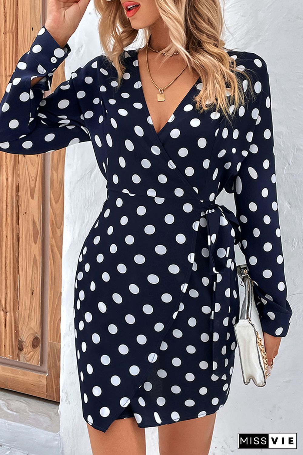 Navy Spot Print Wrap V Neck Side Sash Long Sleeves Dress