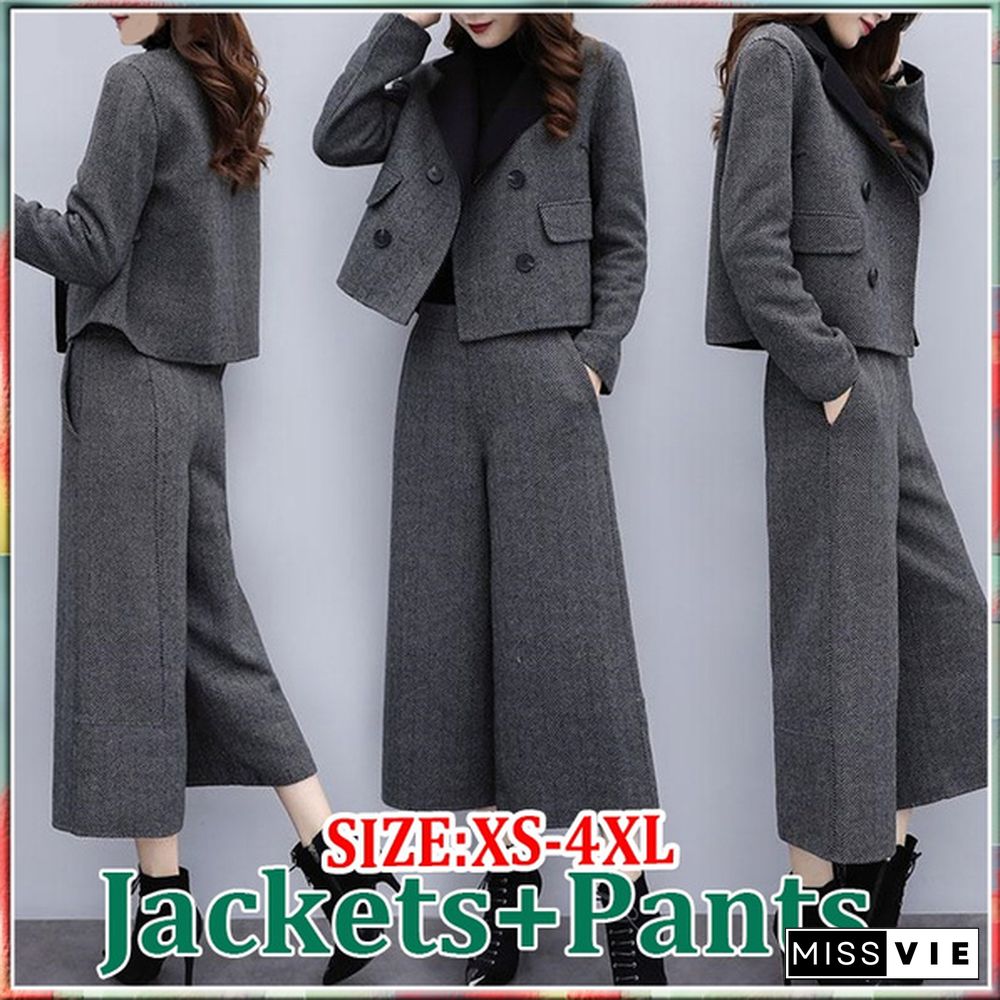 Autumn Winter Woolen Two Piece Sets Outfits Women Plus Size Short Coat And Wide Leg Pants Suits Elegant Office Korean Sets