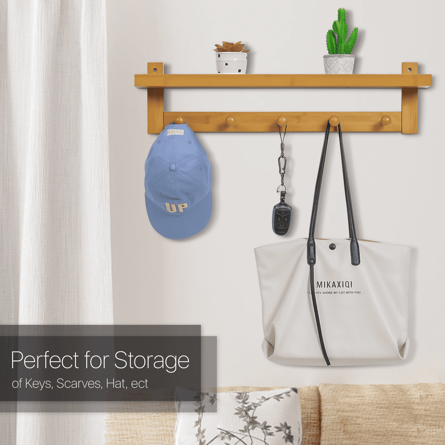 MoNiBloom Bamboo 5 Hooks Wall Mounted， Modern Hat Coat Hanger Rack， with Display Shelf， Natural， for Home