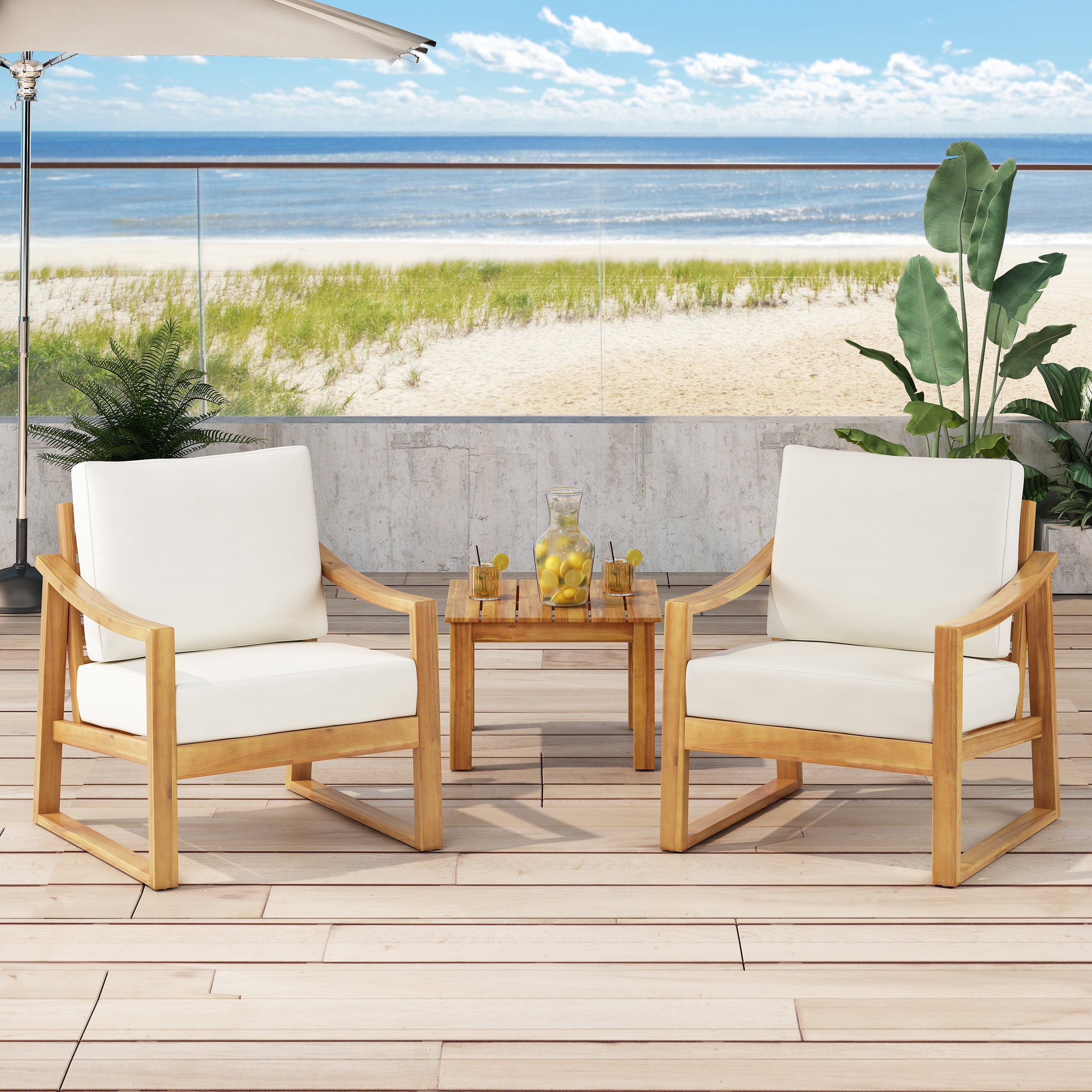 Johnlucas Outdoor Acacia Wood Club Chairs with Water Resistant Cushions (Set of 2)