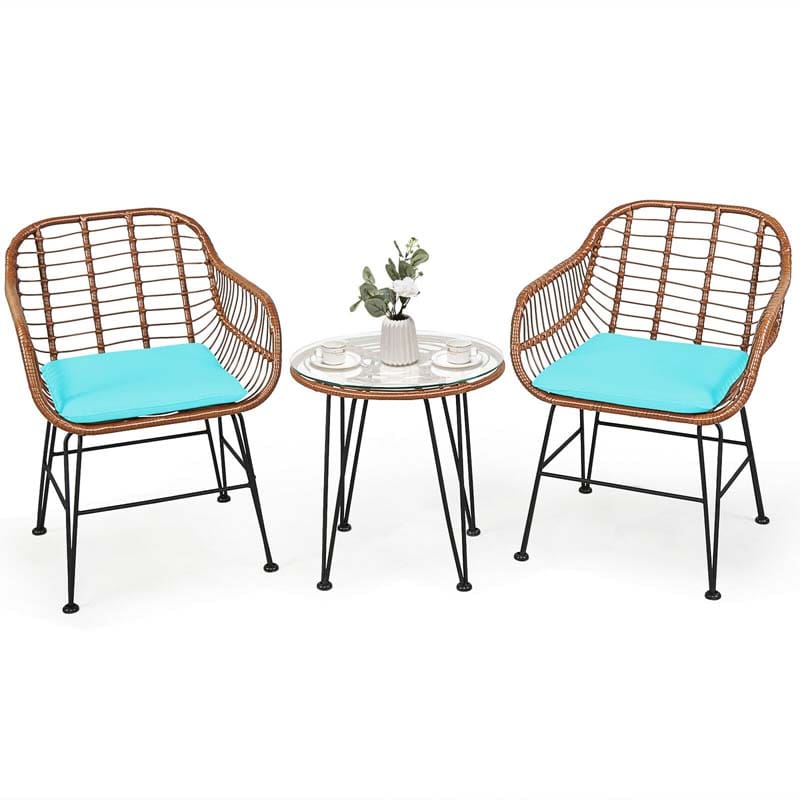 3 Pcs Patio Conversation Bistro Set Outdoor Rattan Furniture Set with Round Table & 2 Rattan Cushioned Armchairs