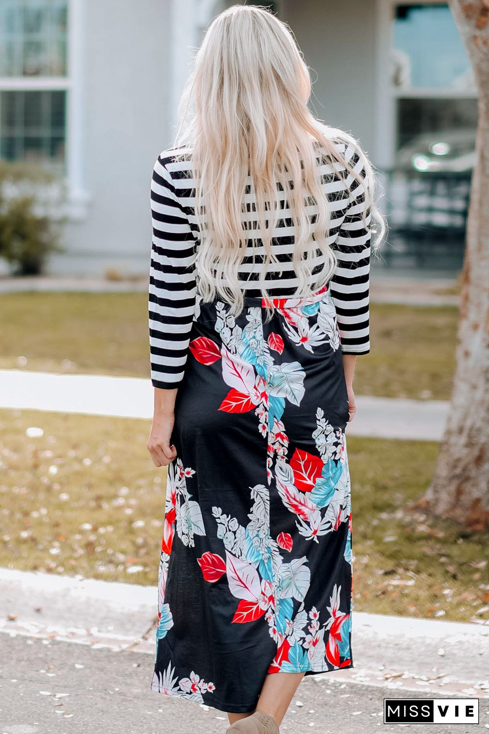 Striped Floral O-Neck Long Dress