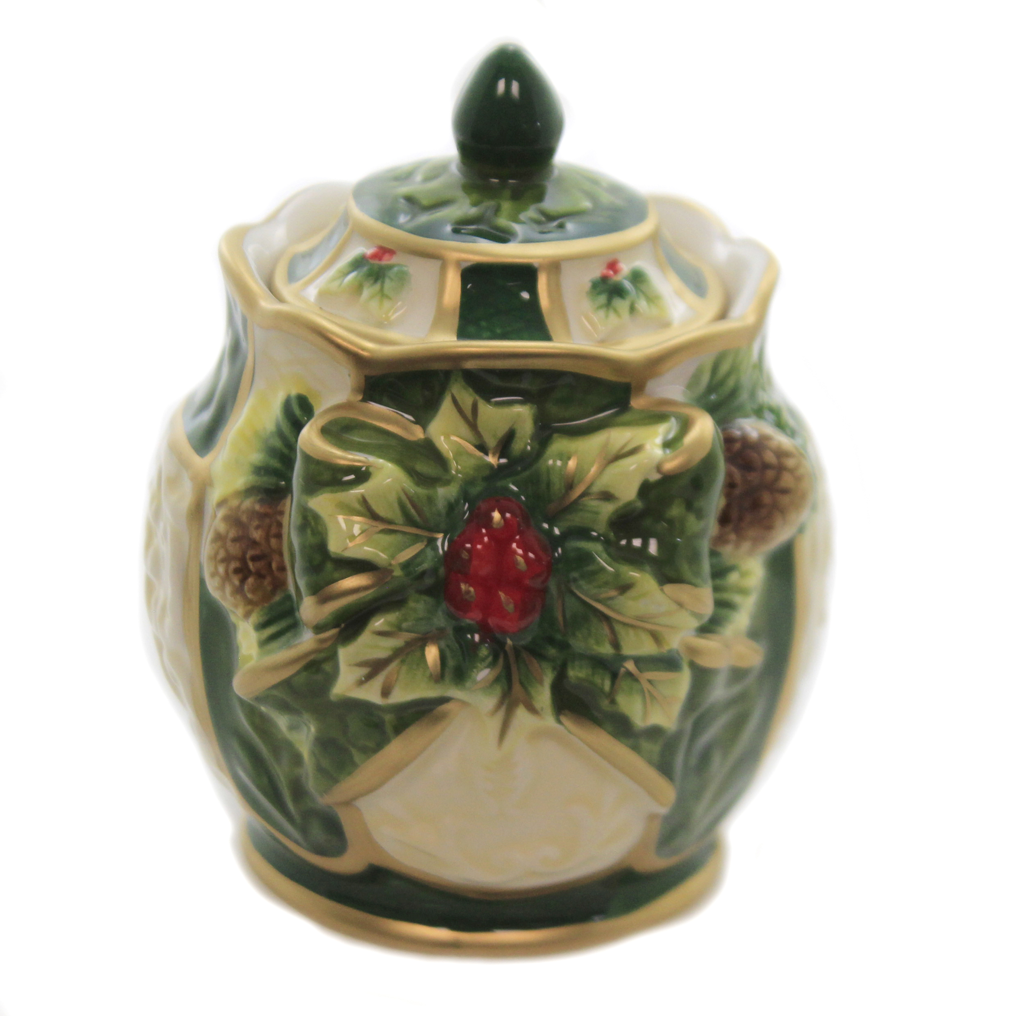 Green and White Gold-Trimmed with Holly Sugar Creamer Collectible