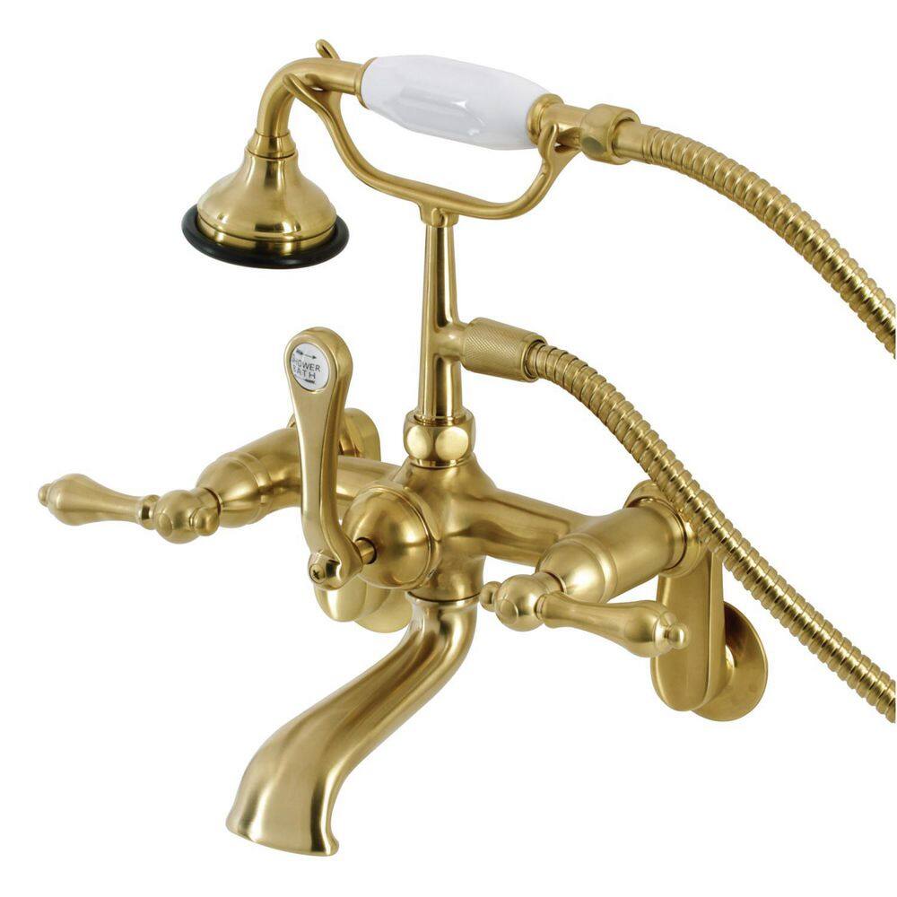 Kingston Brass Aqua Vintage 3-Handle Wall-Mount Clawfoot Tub Faucets with Hand Shower in Brushed Brass HAE51T7