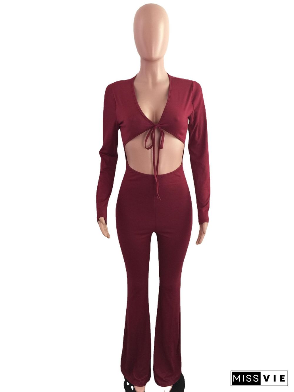 Ribbed Cropped Stretch Pit Strip Long-sleeved Flared Jumpsuit