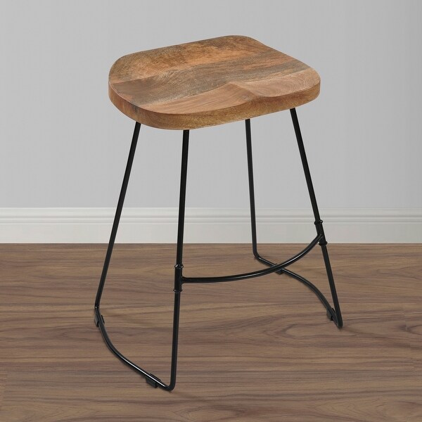 Tiva 24 Inch Handcrafted Backless Counter Height Stool， Brown Mango Wood Saddle Seat， Black Metal Base