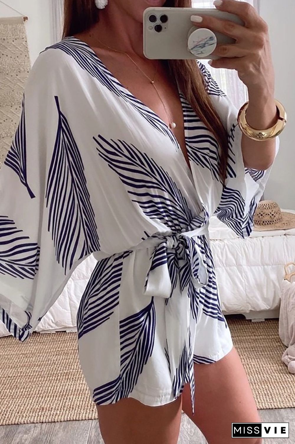 Casual Print Split Joint V Neck Straight Jumpsuits