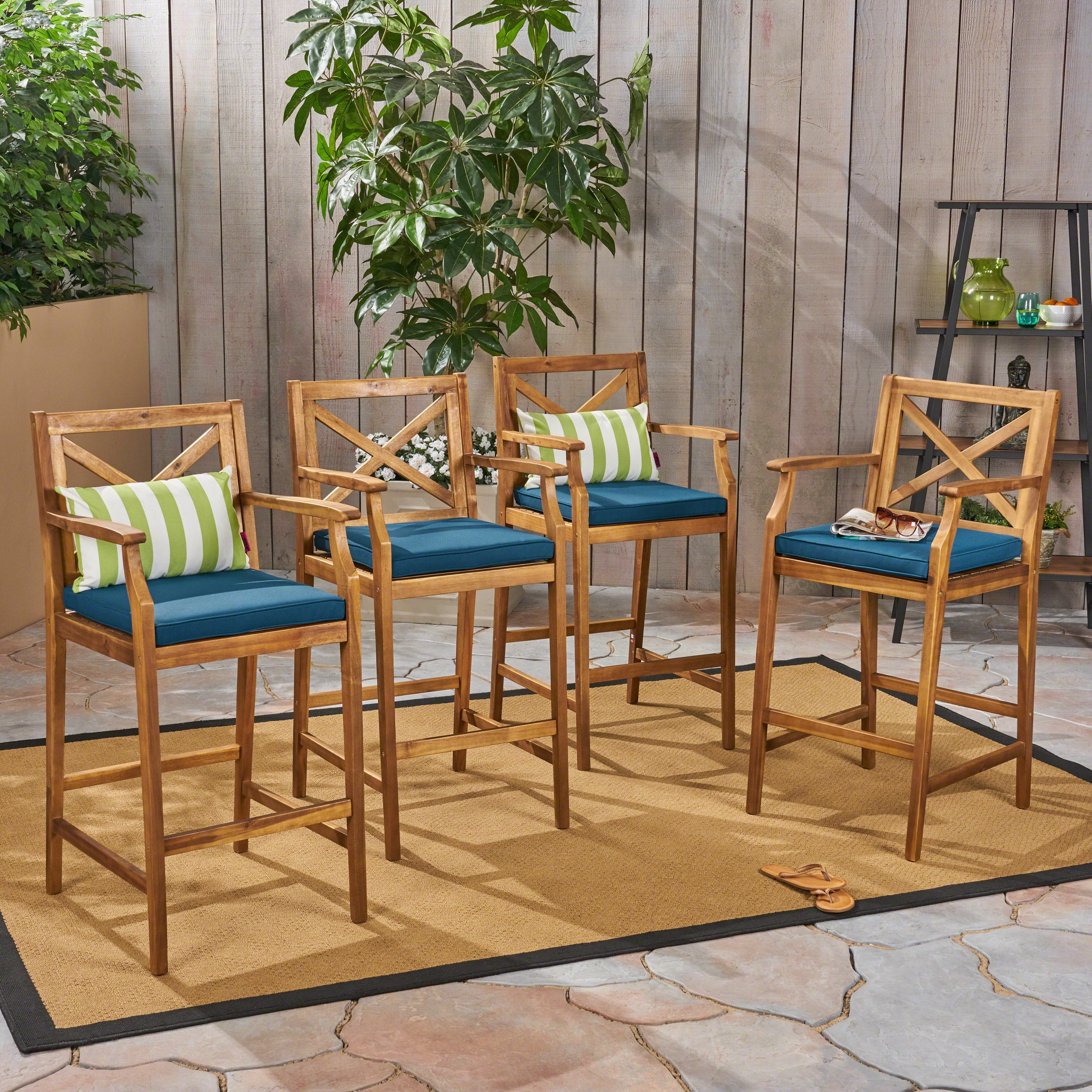 Doric Outdoor Rustic Acacia Wood Barstools with Cushions (Set of 4)