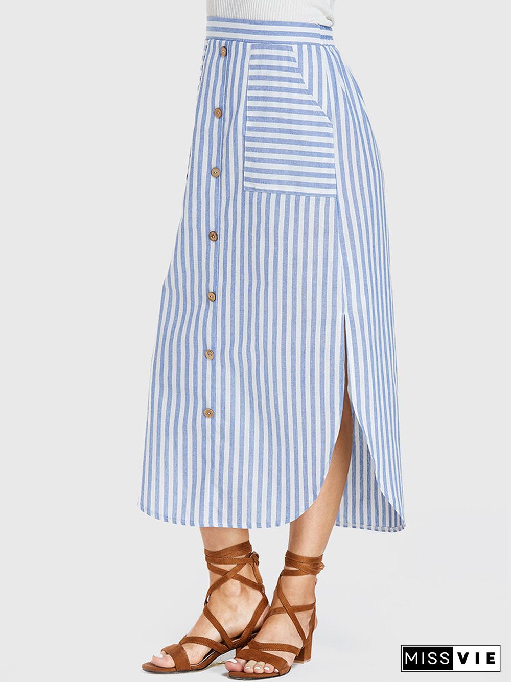 Striped Print Slit Button Pocket Long Casual Skirt for Women