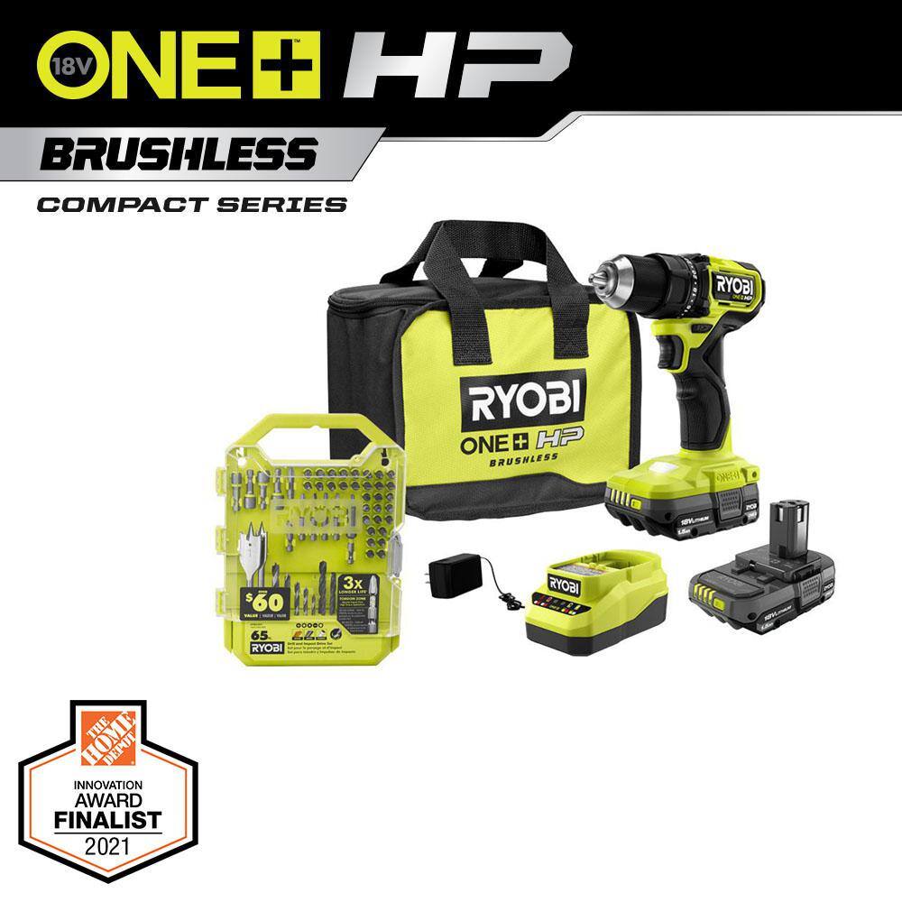 RYOBI ONE+ HP 18V Brushless Cordless Compact 12 in. DrillDriver Kit with (2) 1.5 Ah Batteries Charger Bag  65PC Bit Set PSBDD01K-A986501