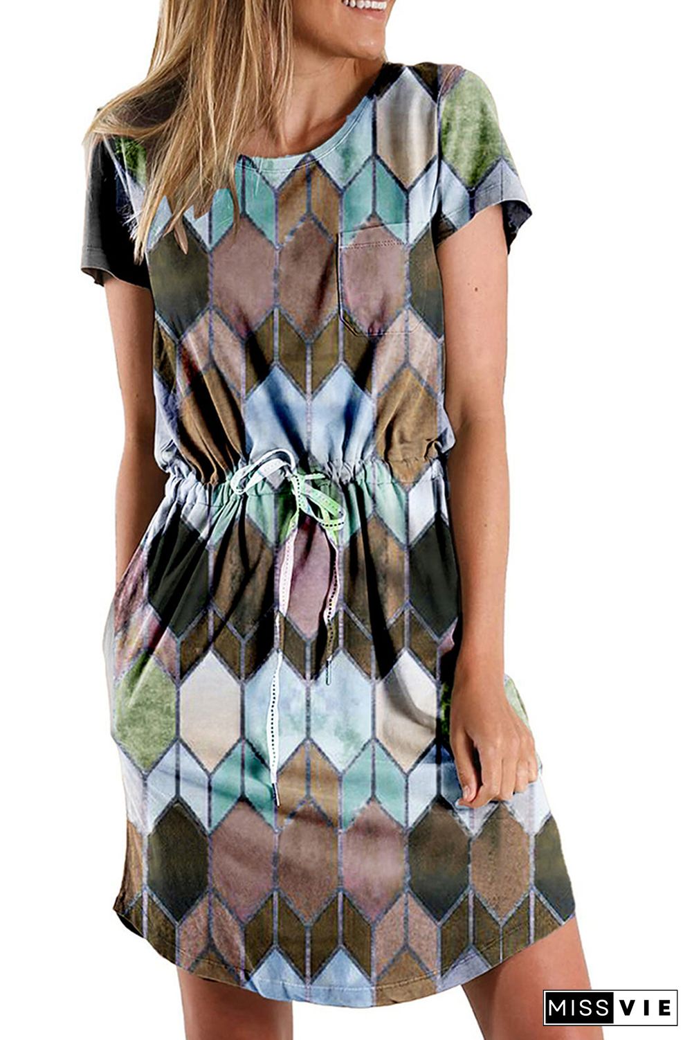 Argyle Print Drawstring Short Sleeve Geometric Dress